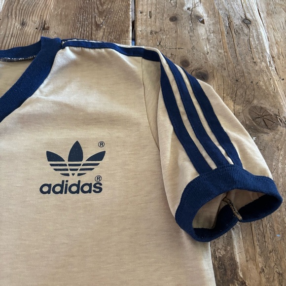 Vintage Adidas Trefoil Ringer V Neck Tan Blue T-Shirt 
USA Single Stitch - Picture 5 of 9